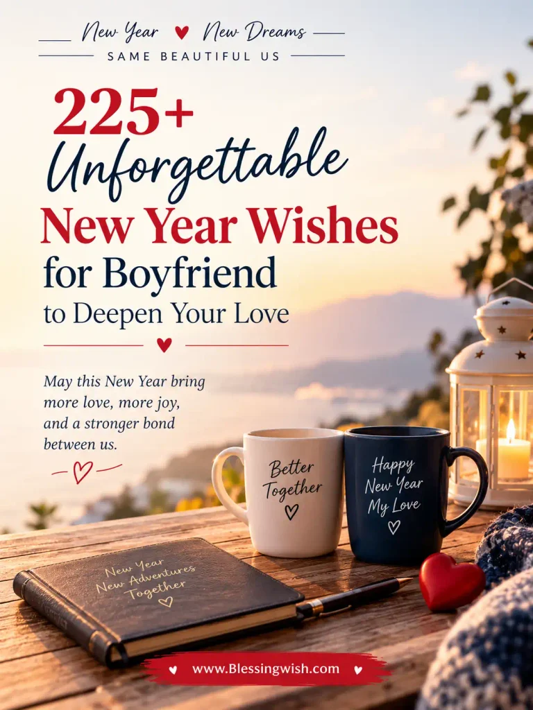 225+ unforgettable New Year wishes for boyfriend with romantic messages, cozy couple theme, and BlessingWish.com footer.