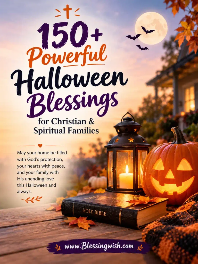 150+ Powerful Halloween blessings for Christian and spiritual families, featuring a glowing pumpkin, lantern, Bible, autumn leaves, moonlight, and a peaceful faith-filled Halloween theme.