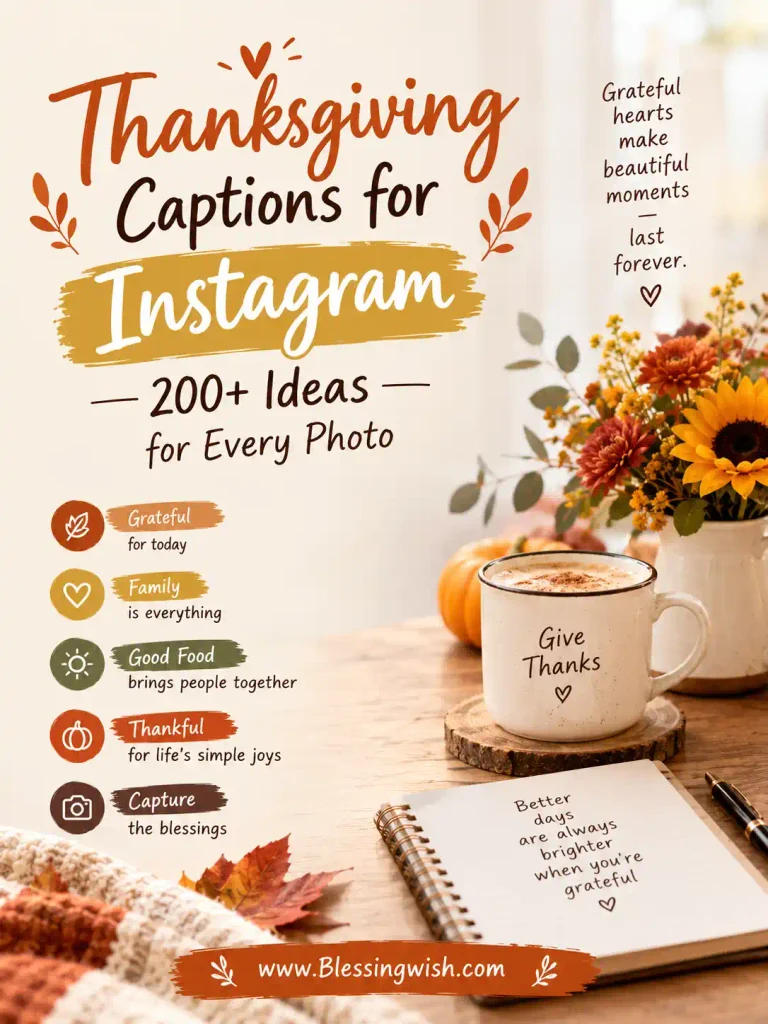 Thanksgiving captions for Instagram featuring 200+ ideas for every photo, with warm autumn colors, pumpkins, flowers, coffee, and gratitude-themed elements.