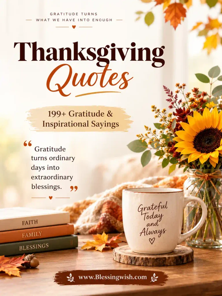 Thanksgiving quotes graphic featuring 199+ gratitude and inspirational sayings, warm autumn colors, sunflower bouquet, cozy mug, faith books, and www.Blessingwish.com
