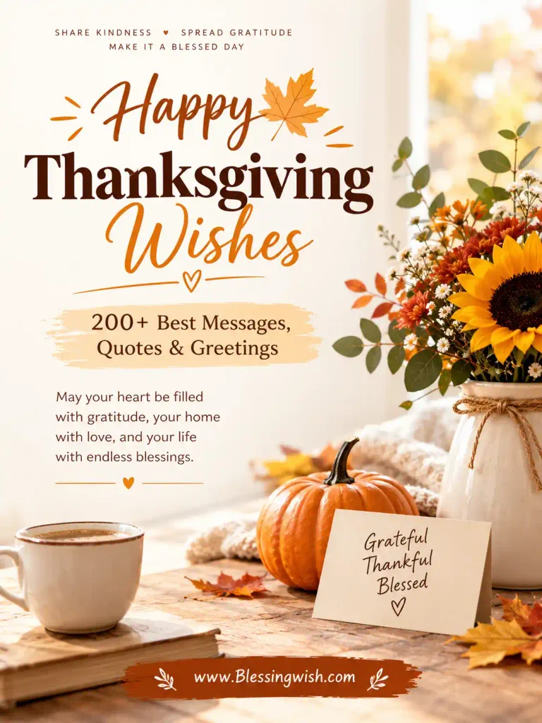 Happy Thanksgiving Wishes graphic with 200+ best messages, quotes and greetings, featuring autumn leaves, sunflowers, pumpkins, gratitude, and warm seasonal decor.