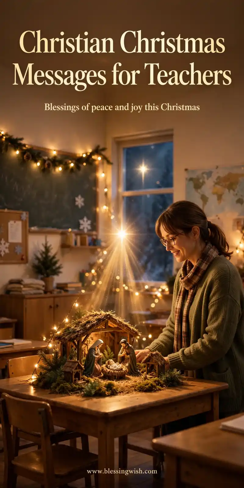 Peaceful nativity scene with a bright star in a warm classroom with a teacher beside it, Christian Christmas messages for teachers