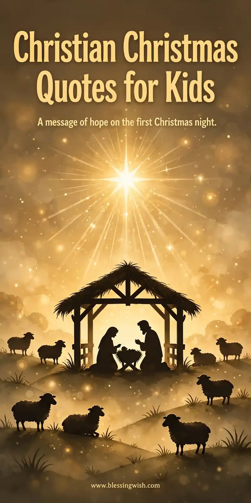 Gentle nativity silhouette with a bright star over a stable and sheep in soft golden night light, Christian Christmas quotes for kids