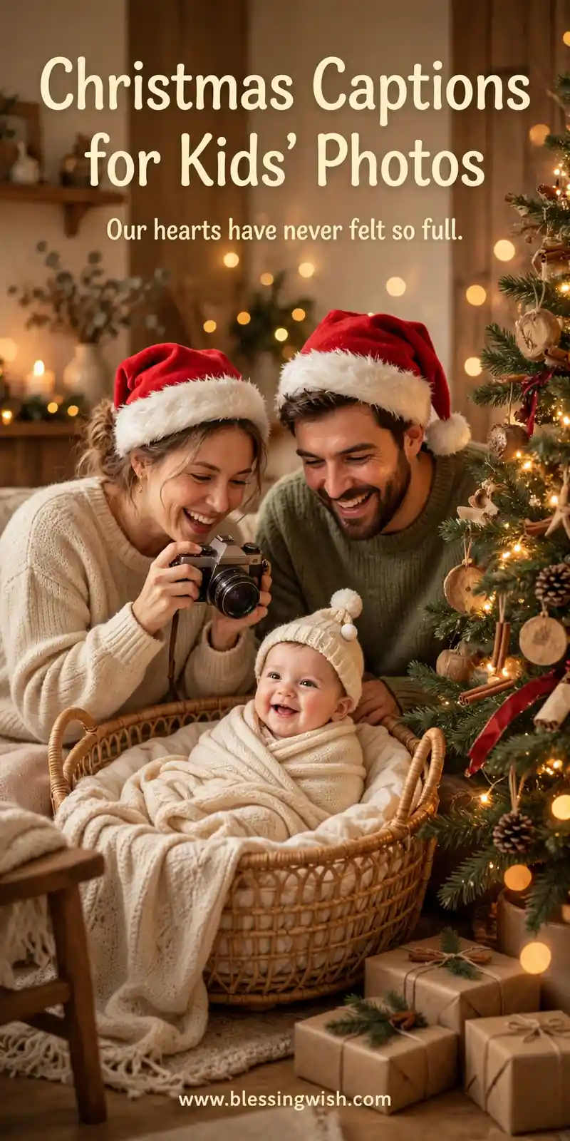 Family photographing a baby's first Christmas beside a decorated tree with Santa hats and warm lights, Christmas captions for kids' photos