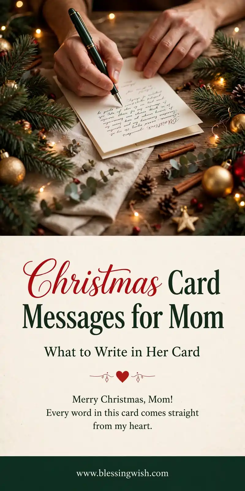Hands writing a Christmas card for mom at a table with pine branches, ornaments and fairy lights