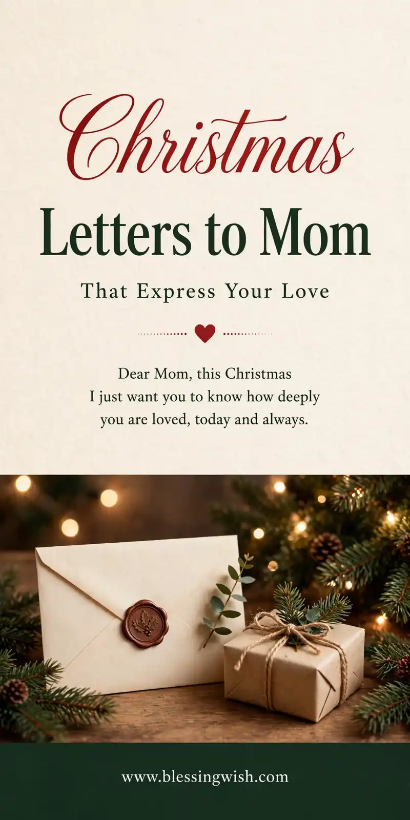 Sealed handwritten Christmas letter with wax seal and small gift beside a Christmas tree with warm lights