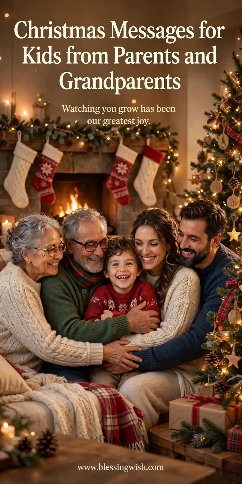 Parents and grandparents warmly hugging a happy child by a cozy fireplace and decorated Christmas tree, Christmas messages for kids from parents and grandparents