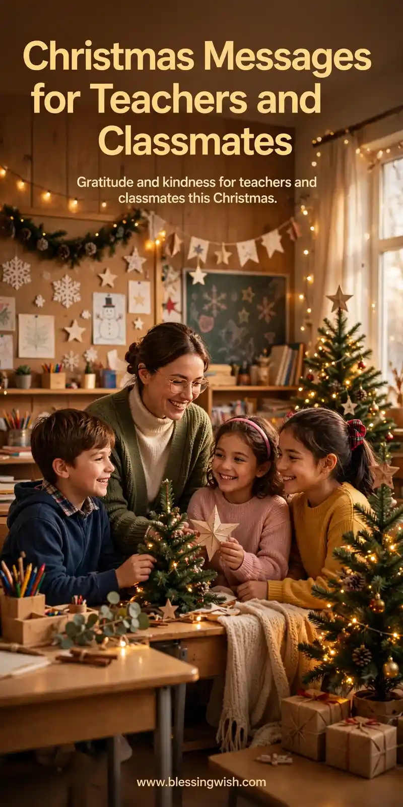 Teacher and happy students together in a warm decorated classroom beside a small Christmas tree, Christmas messages for teachers and classmates