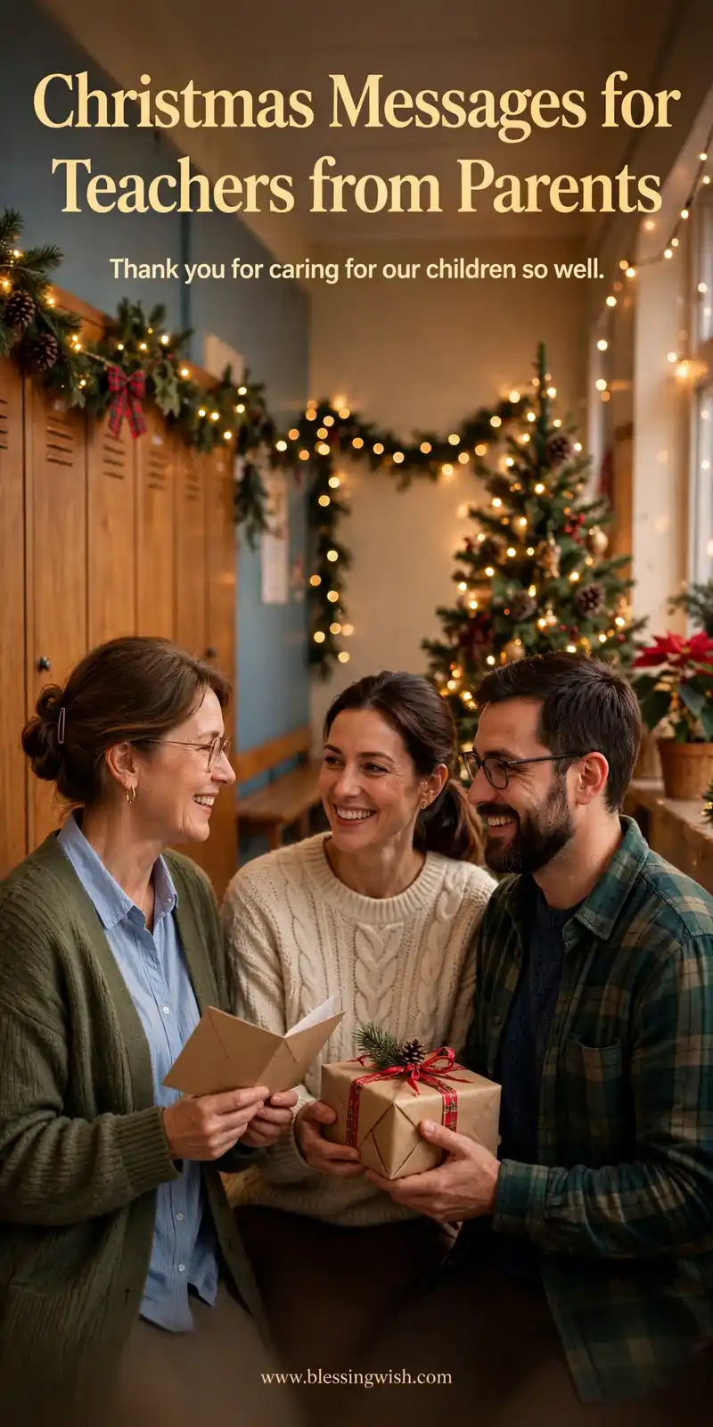 Parents warmly thanking a teacher with a Christmas gift and card in a cozy school hallway decorated for Christmas, Christmas messages for teachers from parents