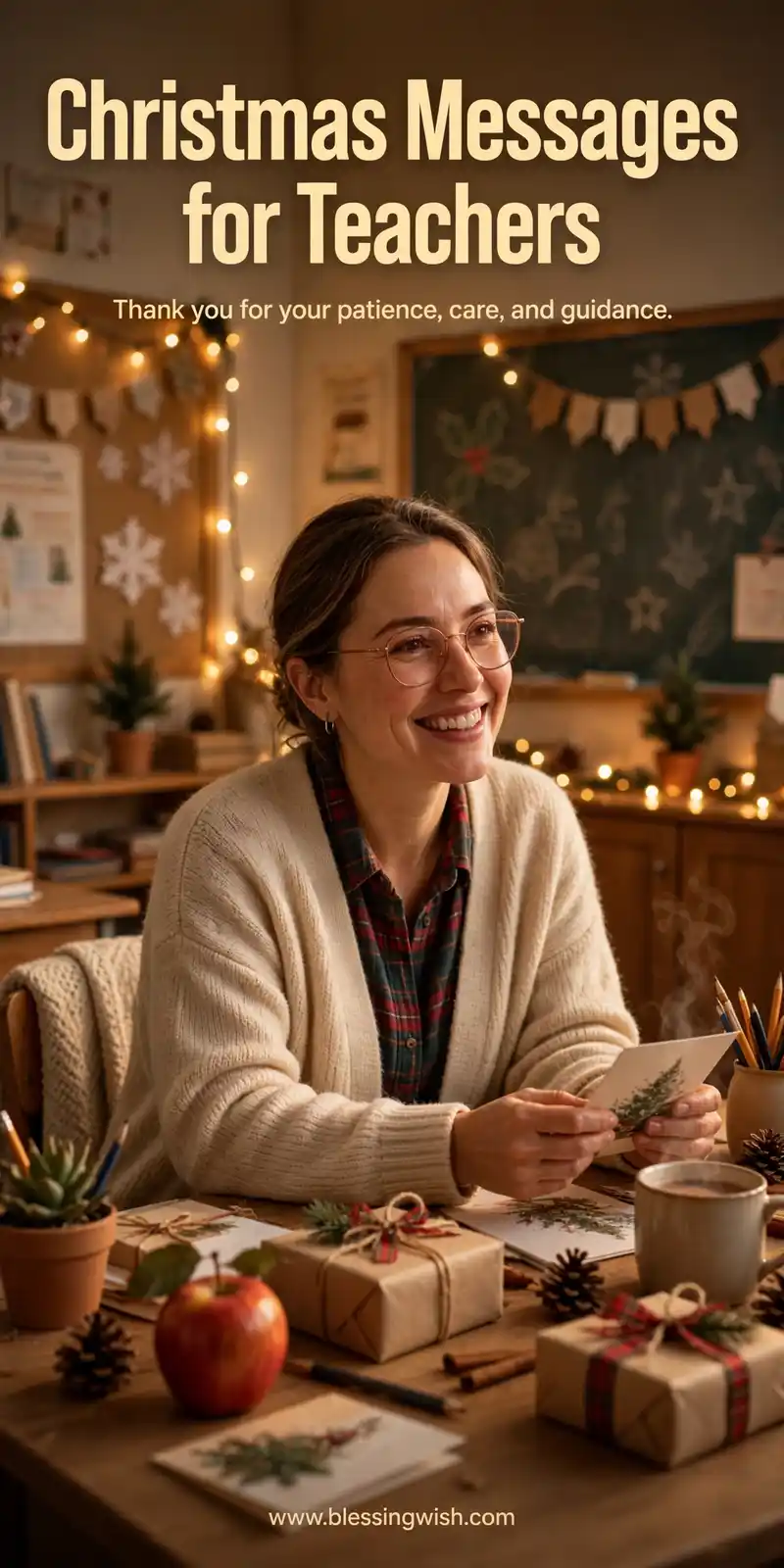 Kind teacher smiling while receiving Christmas greetings and cards in a warm classroom with an apple and small gifts on her desk, Christmas messages for teachers