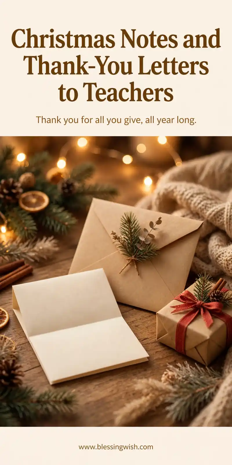 Handwritten thank-you letter and envelope with a small wrapped Christmas gift on a warm desk with cozy Christmas lights, Christmas notes and thank-you letters to teachers