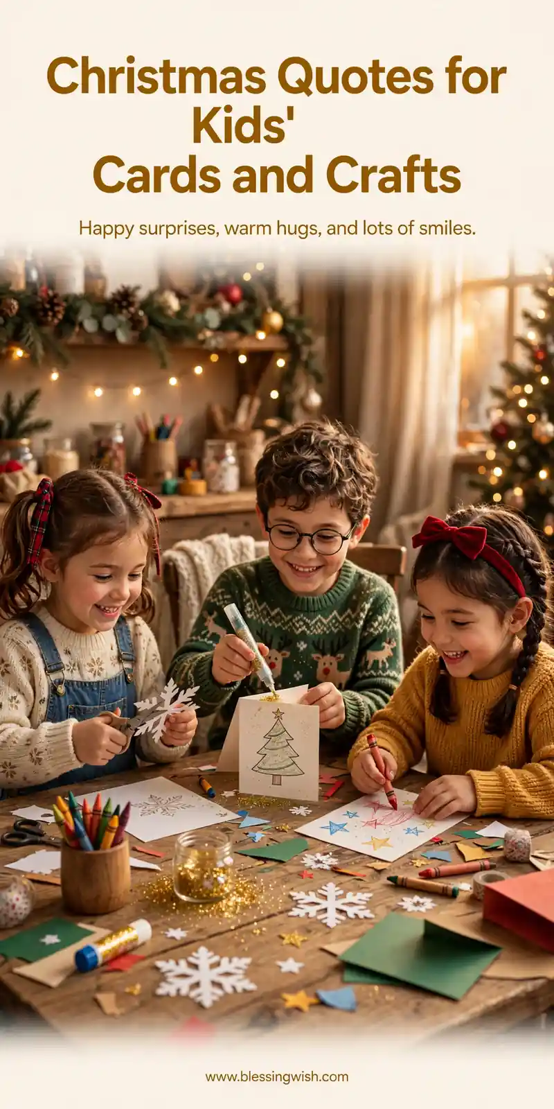 Children making handmade Christmas cards and paper crafts with crayons, glitter and paper snowflakes, Christmas quotes for kids' cards and crafts