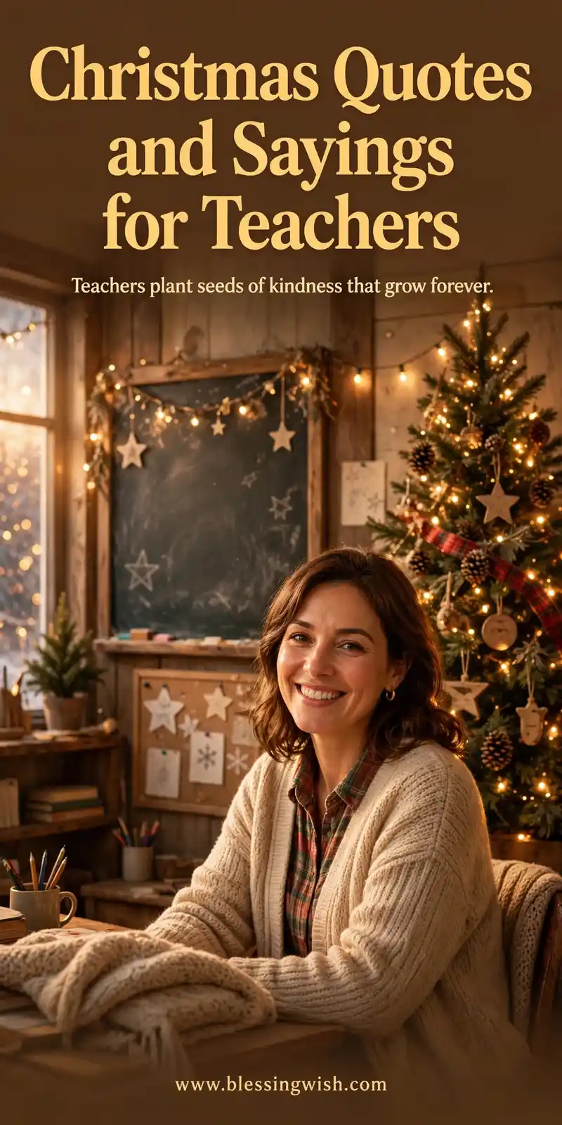 Warm classroom Christmas scene with a chalkboard, stars, a decorated tree and a smiling teacher, Christmas quotes and sayings for teachers