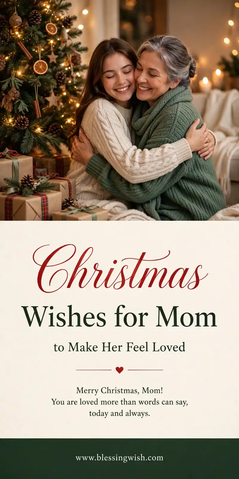 Daughter hugging her mom beside a decorated Christmas tree with warm lights and gifts, Christmas wishes for mom to make her feel loved, featured card with www.blessingwish.com footer