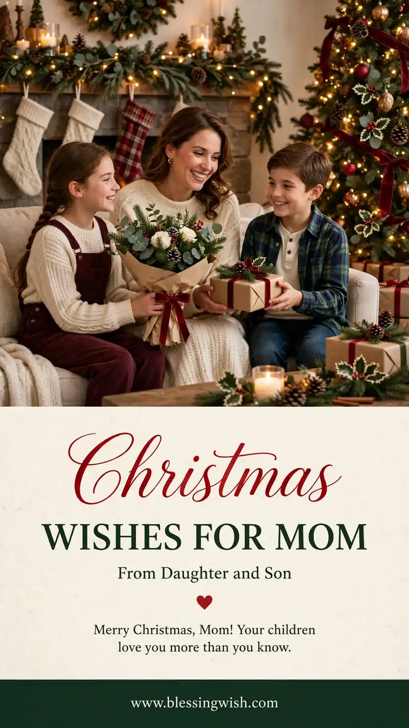 Daughter and son giving their mom a bouquet and gift in a festively decorated Christmas living room