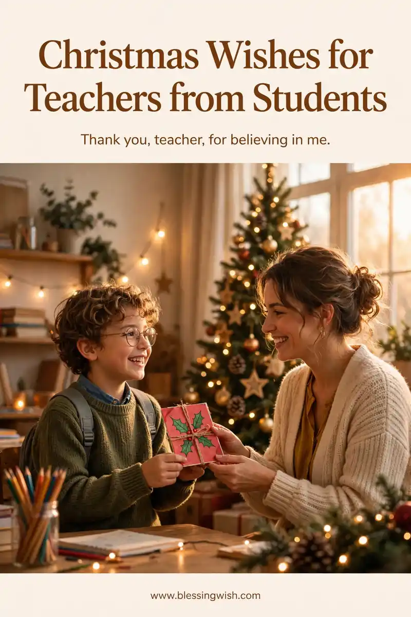 Student happily handing a handmade Christmas card to a smiling teacher in a warm classroom with a Christmas tree, Christmas wishes for teachers from students