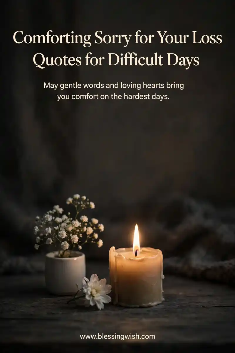 Single lit candle beside a small white flower, comforting sorry for your loss quotes for difficult days