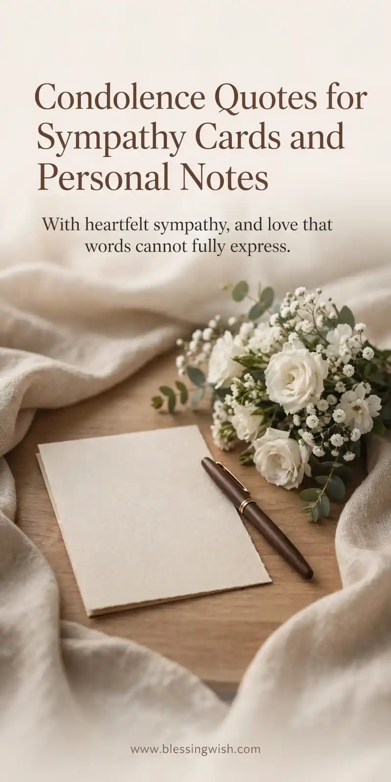Handwritten sympathy card, pen and white roses on a wooden table, condolence quotes for sympathy cards and personal notes