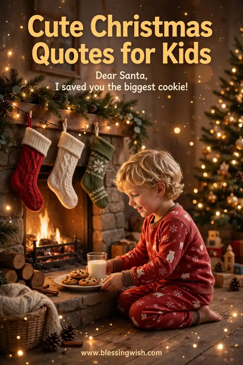 Child leaving cookies and milk for Santa by a fireplace with stockings and twinkling lights, cute Christmas quotes for kids