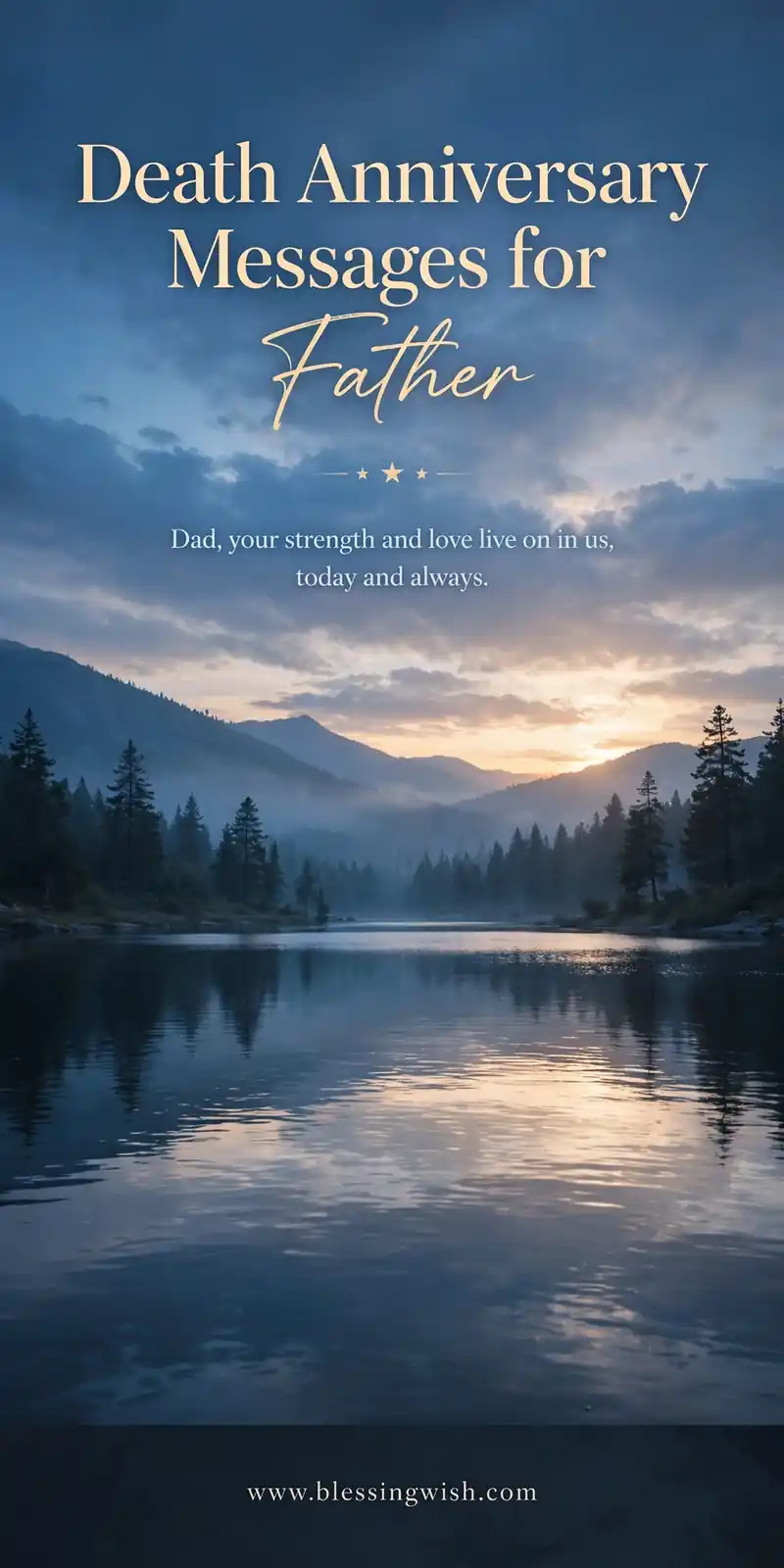 Calm blue lake at sunset, death anniversary messages for father