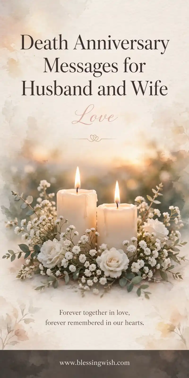 Two lit candles with white flowers, death anniversary messages for husband and wife