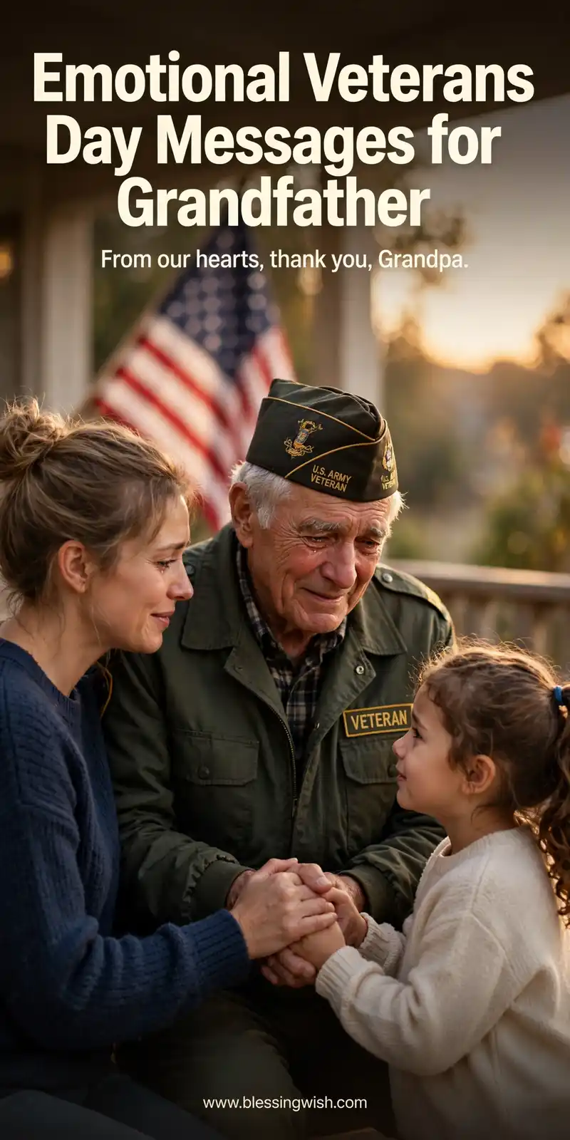 Veteran grandpa and family holding hands with tears of gratitude, American flag softly in the background, emotional Veterans Day messages for grandfather