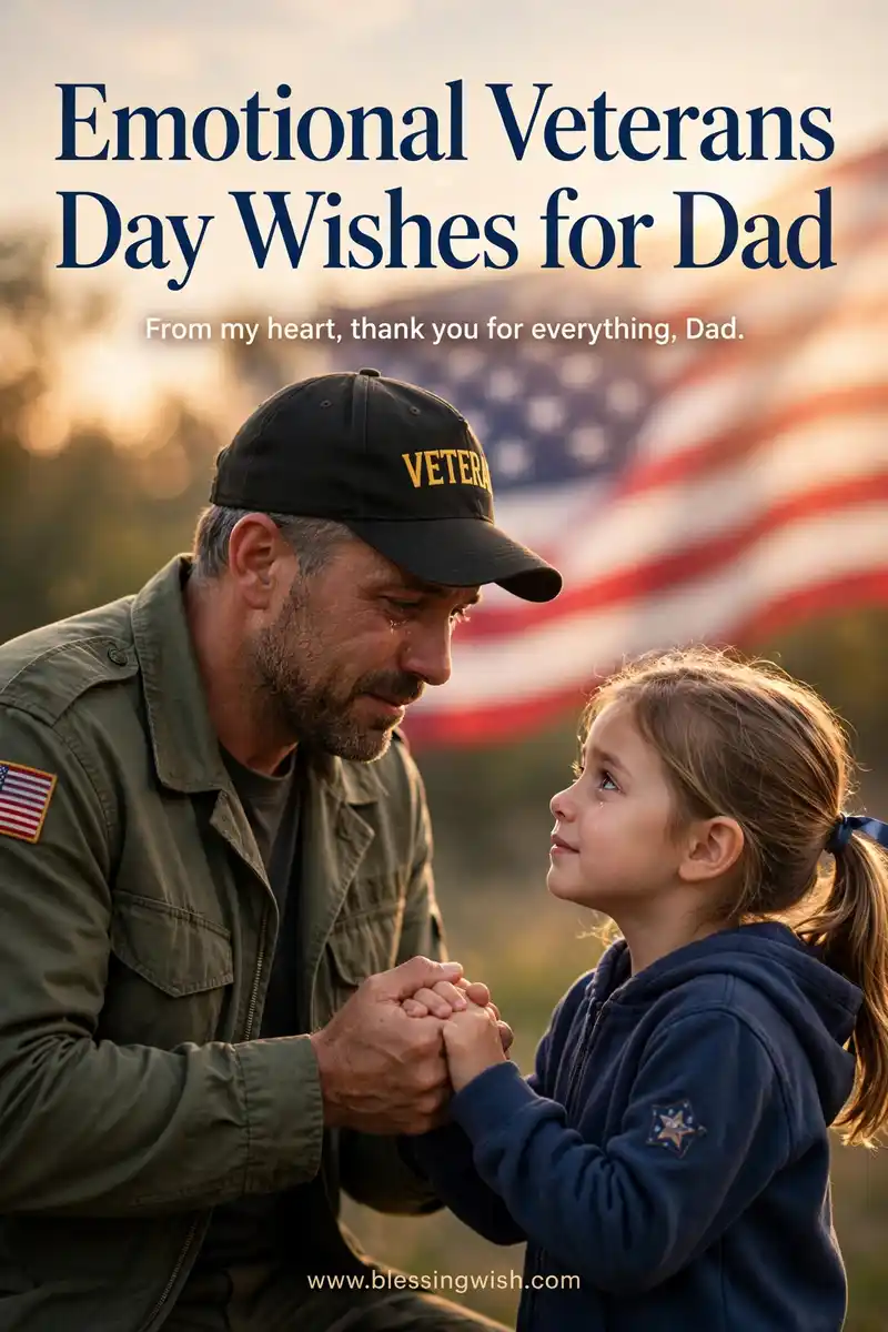 Veteran dad and his child holding hands with tears of gratitude, American flag softly in the background, emotional Veterans Day wishes for dad