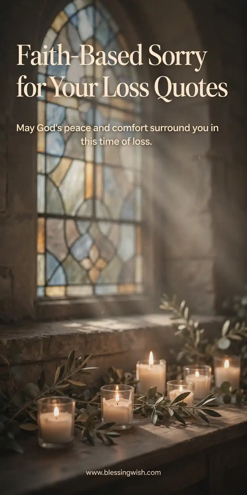 Soft light through a stained-glass church window with candles, faith-based sorry for your loss quotes and Christian condolences