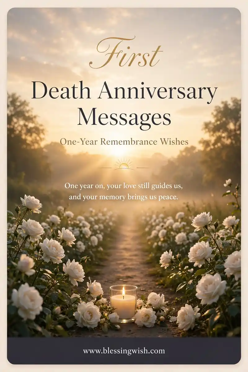 Sunrise path with white roses and a single lit candle, first death anniversary one-year remembrance wishes