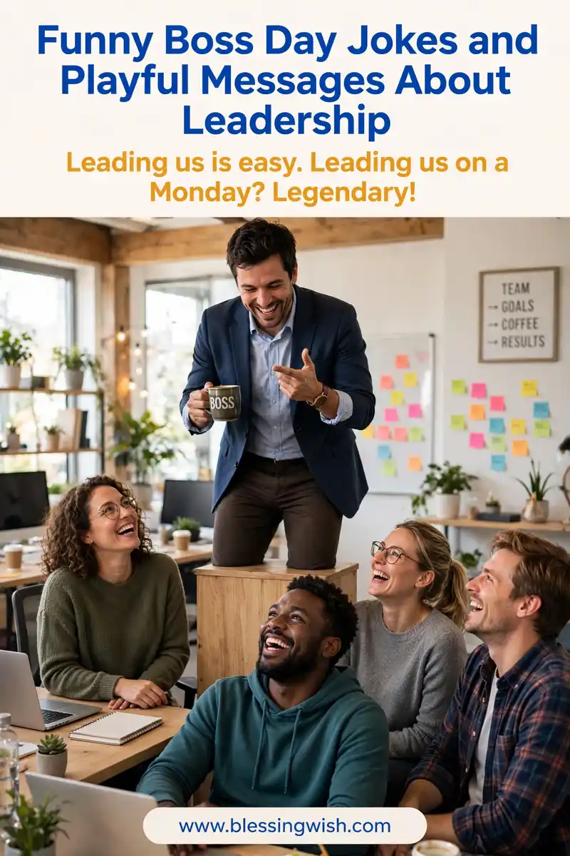 Boss playfully standing on a small podium with a laughing team, funny boss day jokes and playful messages about leadership