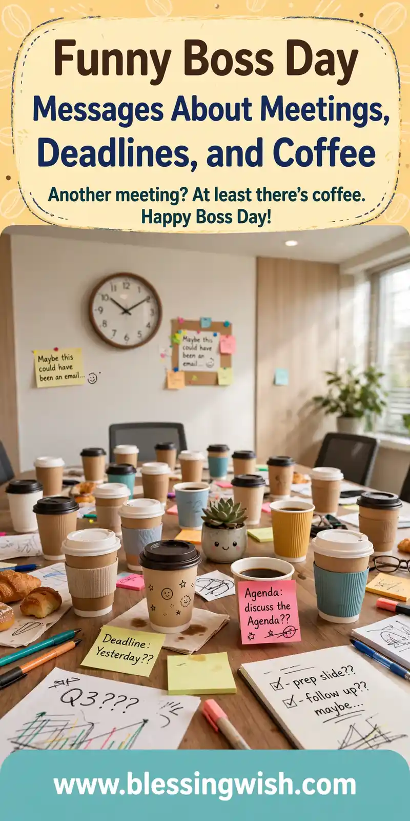 Conference room table covered in coffee cups, funny boss day messages about meetings, deadlines, and coffee