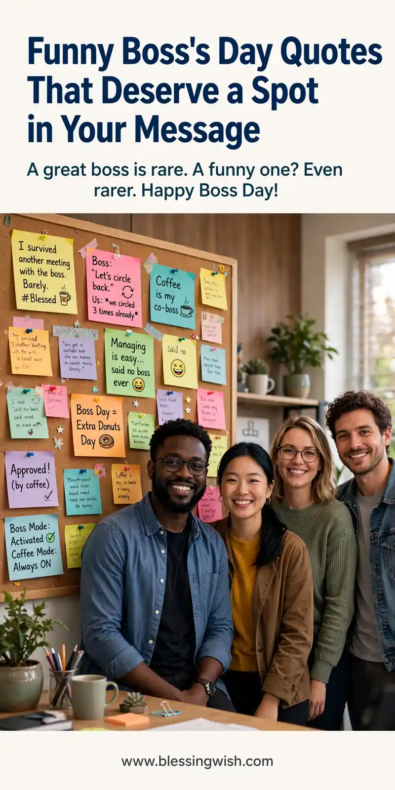 Fun office quote board with sticky notes and a smiling team, funny boss's day quotes that deserve a spot in your message