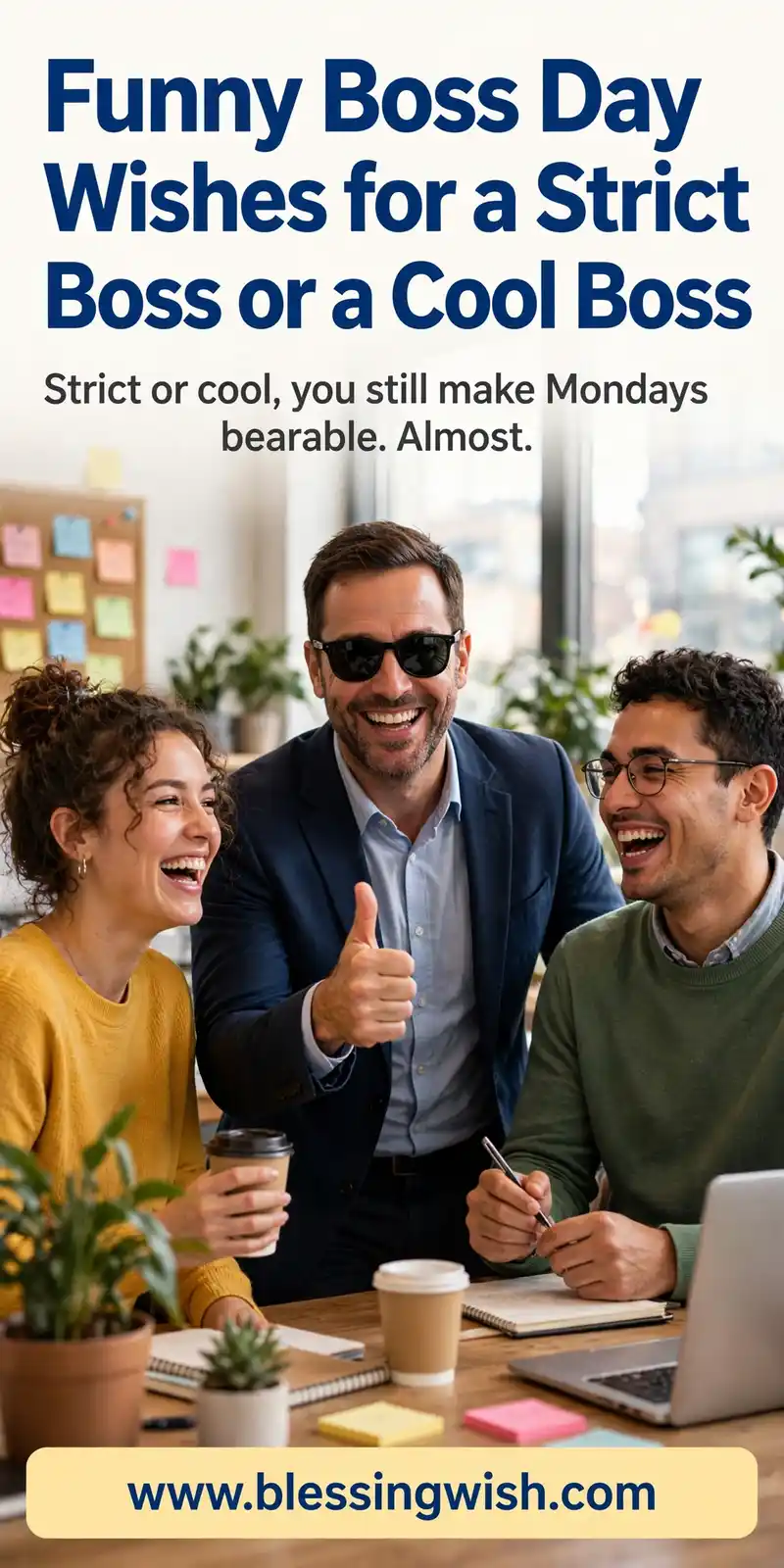Boss in sunglasses giving a thumbs-up in a bright office, funny boss day wishes for a strict boss or a cool boss