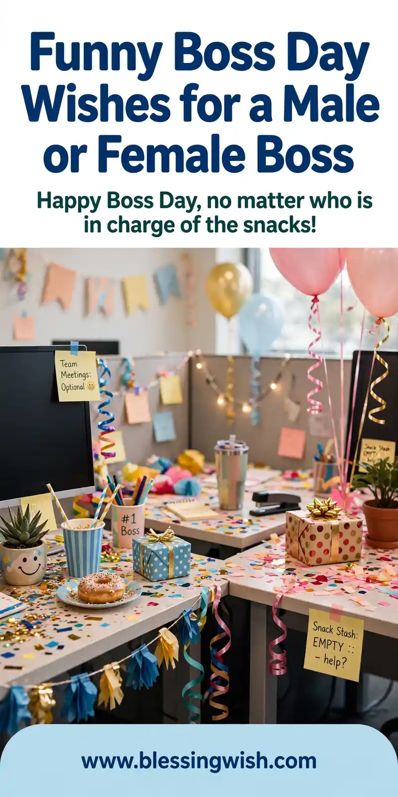 Office party with decorated desks, confetti and gift boxes, funny boss day wishes for a male or female boss