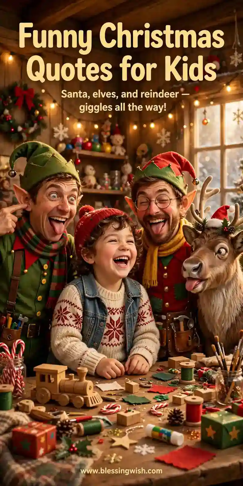 Silly elves and a reindeer making funny faces while a child laughs in a playful Christmas workshop, funny Christmas quotes for kids