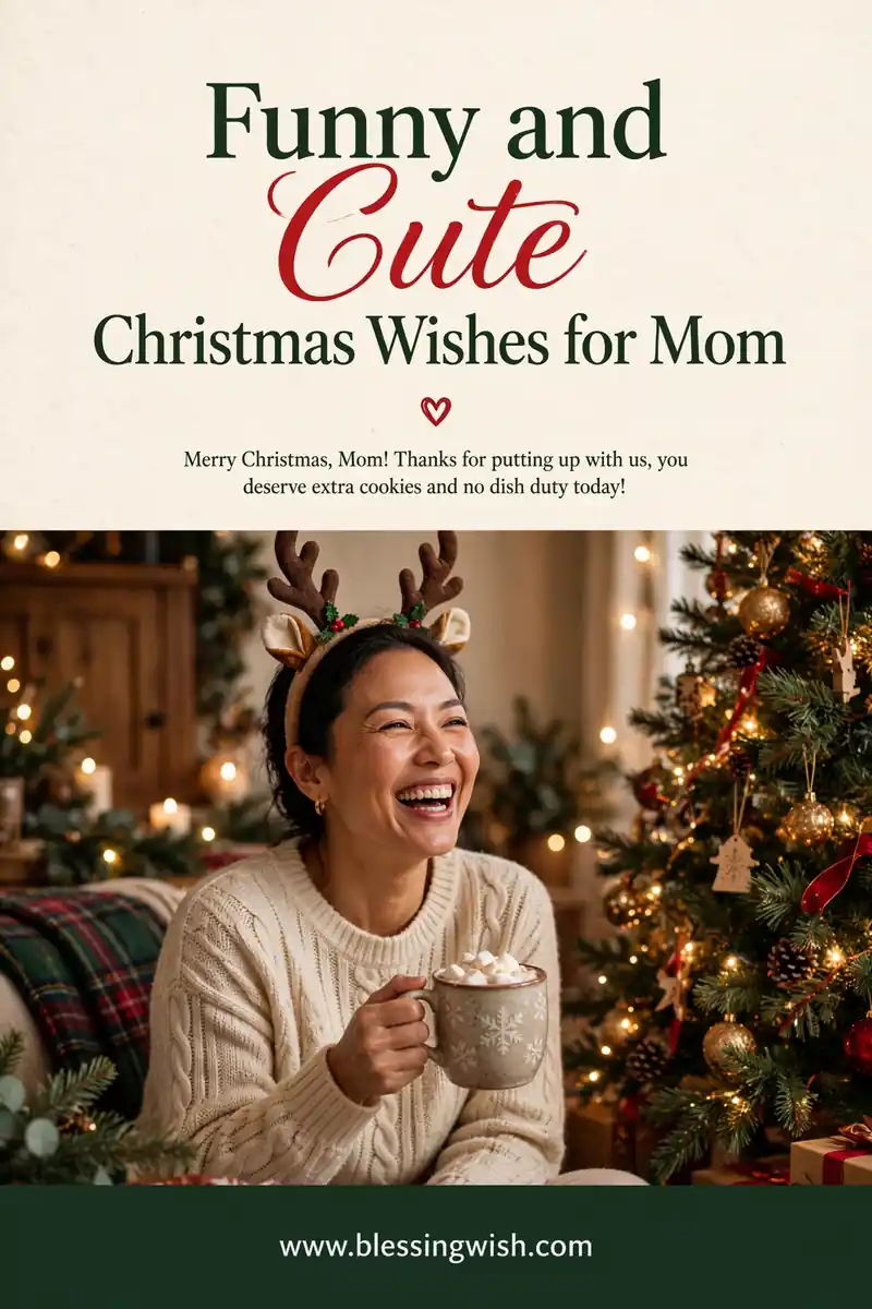 Mom laughing wearing a reindeer headband and holding cocoa by a decorated Christmas tree, funny and cute Christmas wishes for mom