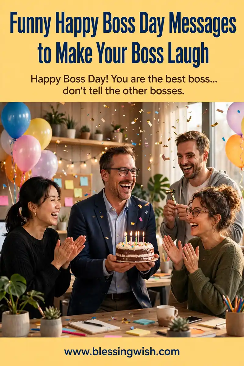 Cheerful office celebration with balloons and a laughing boss holding a cake, funny happy boss day messages to make your boss laugh