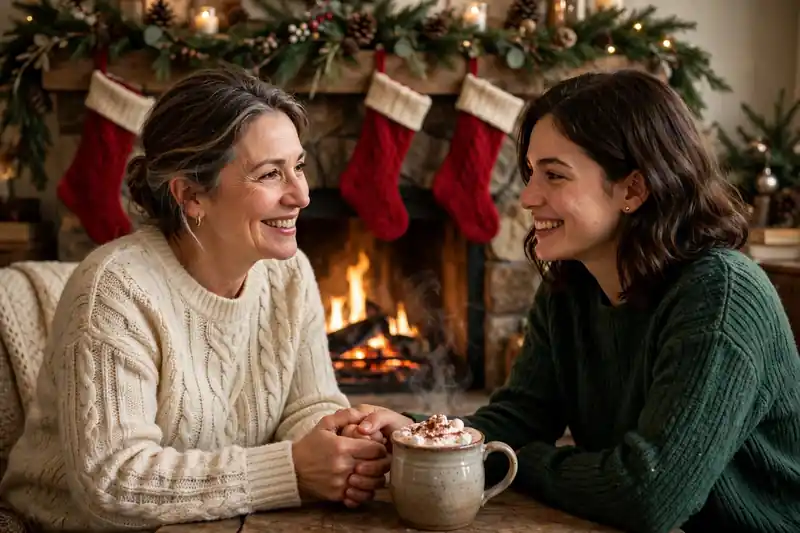 Mom and child holding hands over hot cocoa by a fireplace decorated for Christmas, heartfelt Christmas wishes for mom from the heart