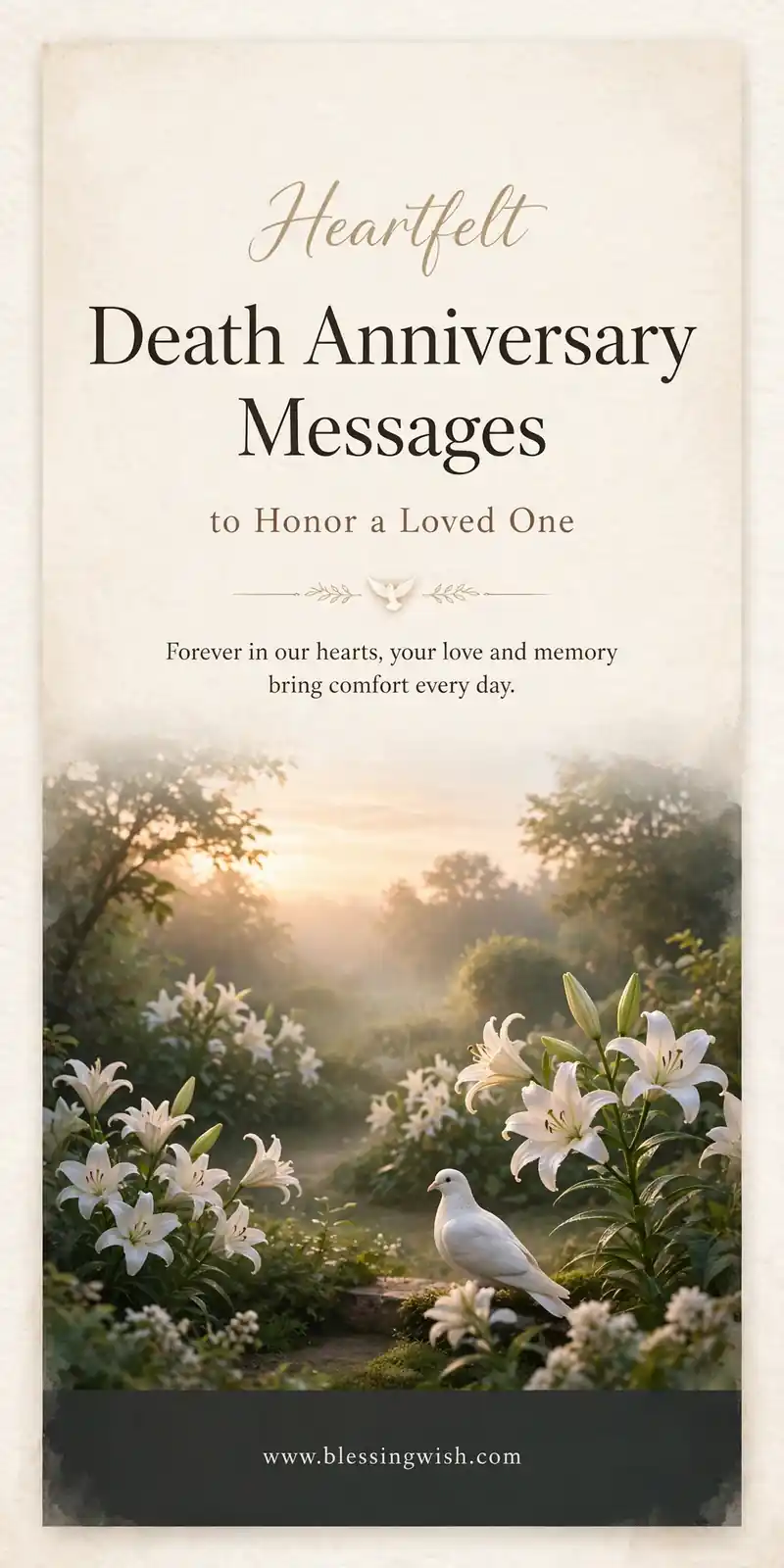 Sunrise garden with white lilies and a white dove, heartfelt death anniversary messages to honor a loved one