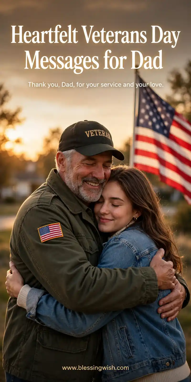 Veteran dad warmly hugging his adult child beside an American flag in warm sunset light, heartfelt Veterans Day messages for dad