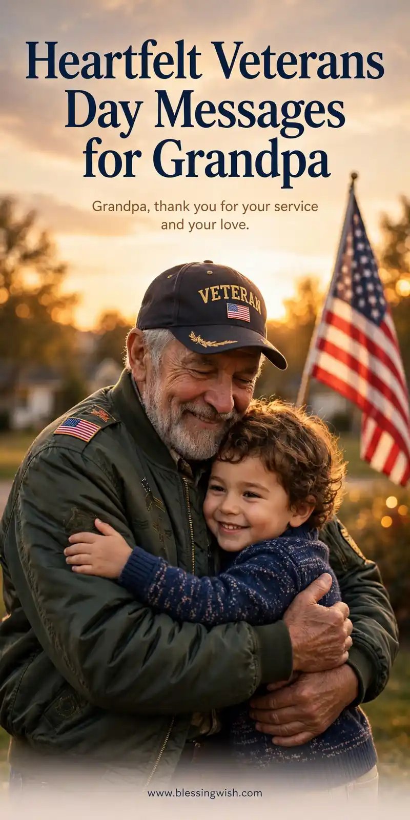 Veteran grandpa warmly hugging his grandchild beside an American flag in warm sunset light, heartfelt Veterans Day messages for grandpa