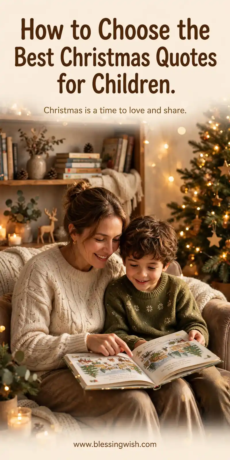 Parent and child reading a Christmas storybook together beside a bookshelf and Christmas tree lights, how to choose the best Christmas quotes for children
