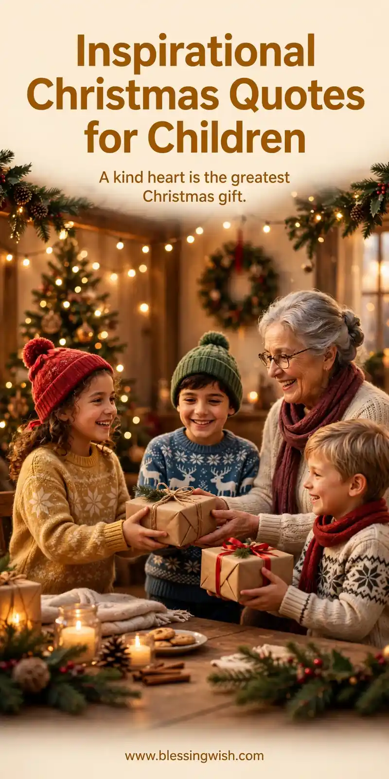 Happy children giving wrapped gifts at a warm Christmas gathering, inspirational Christmas quotes for children about kindness