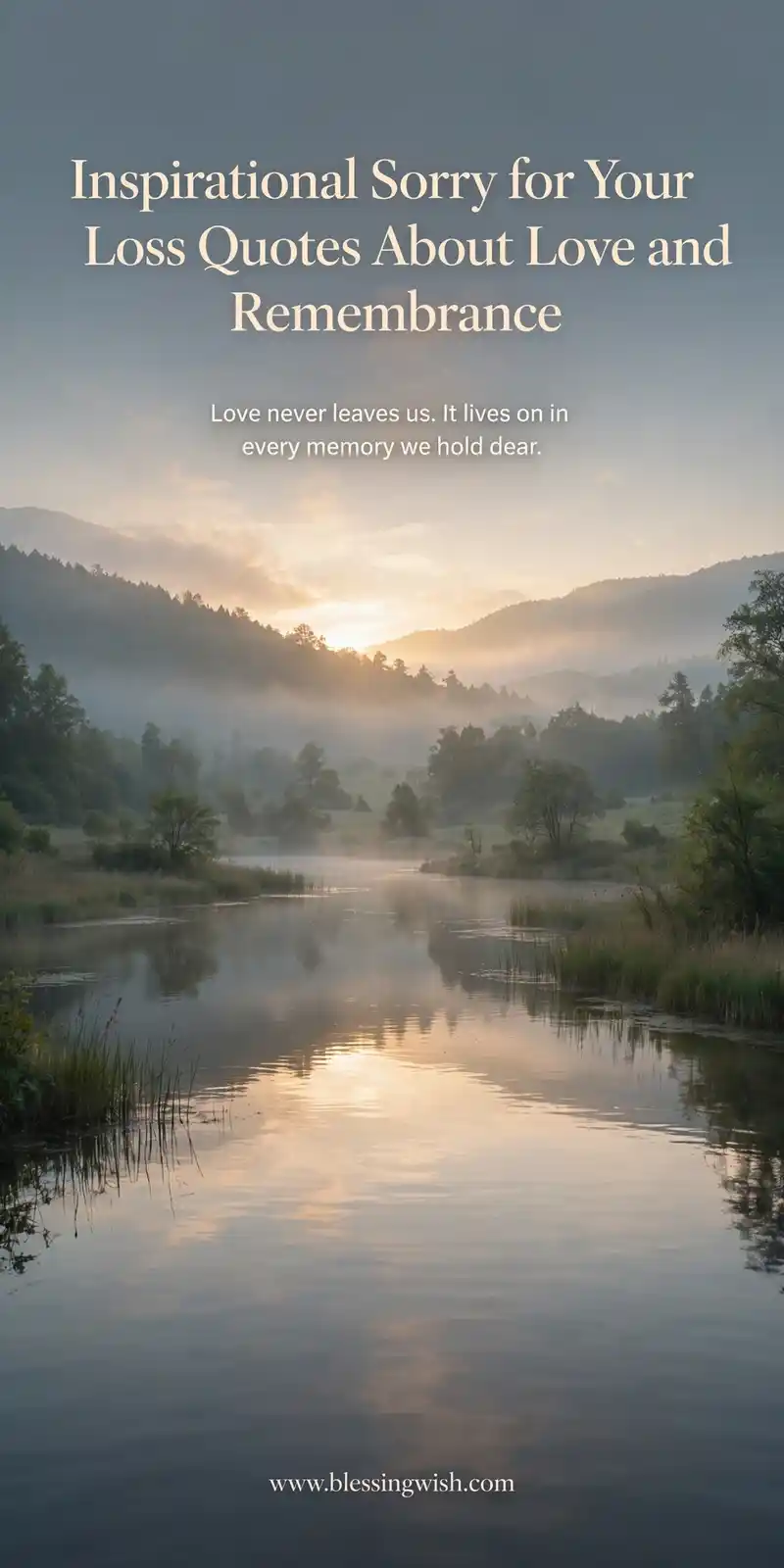 Peaceful sunrise over a quiet lake, inspirational sorry for your loss quotes about love and remembrance