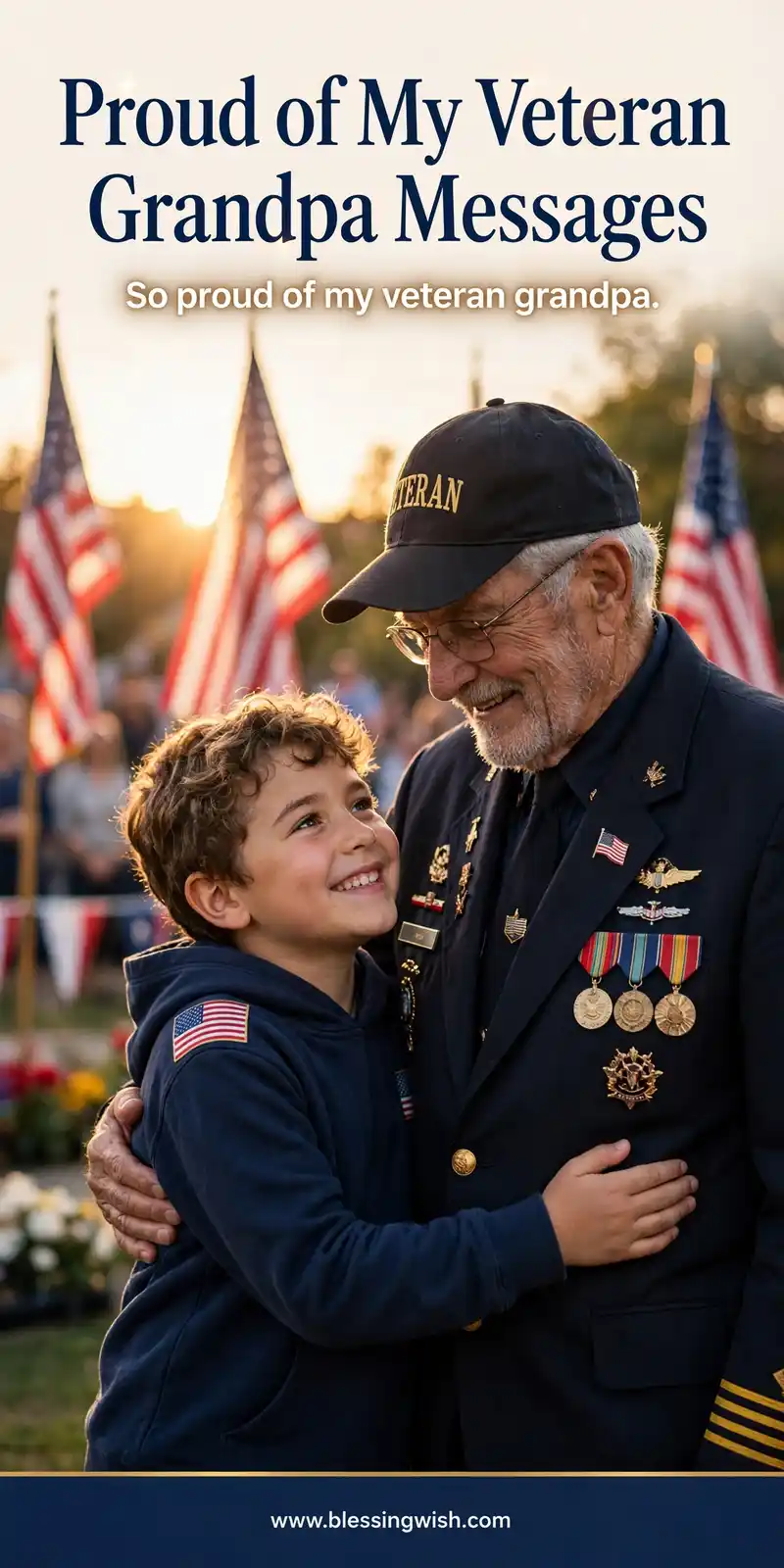 Proud grandchild standing beside a veteran grandpa at a Veterans Day ceremony with American flags, proud of my veteran grandpa messages