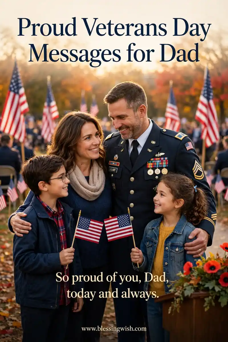 Proud family standing with a veteran dad at a Veterans Day ceremony with American flags, proud Veterans Day messages for dad who served