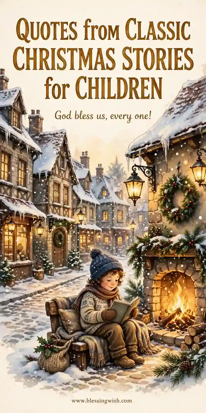 Vintage storybook snowy old town street with lantern light and a child reading by a fire, quotes from classic Christmas stories for children