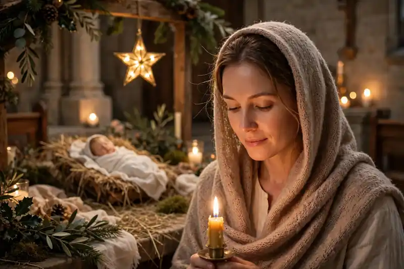 Mom holding a candle by a nativity scene with a glowing star, religious Christmas wishes and blessings for mom