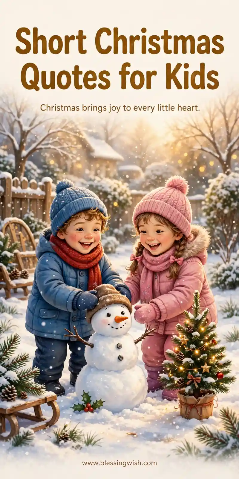 Children building a small snowman beside a tiny decorated tree in a snowy garden, short Christmas quotes for kids