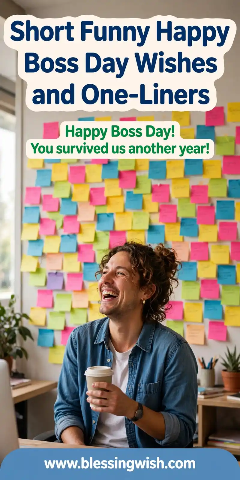 Colourful wall of sticky notes in an office, short funny happy boss day wishes and one-liners